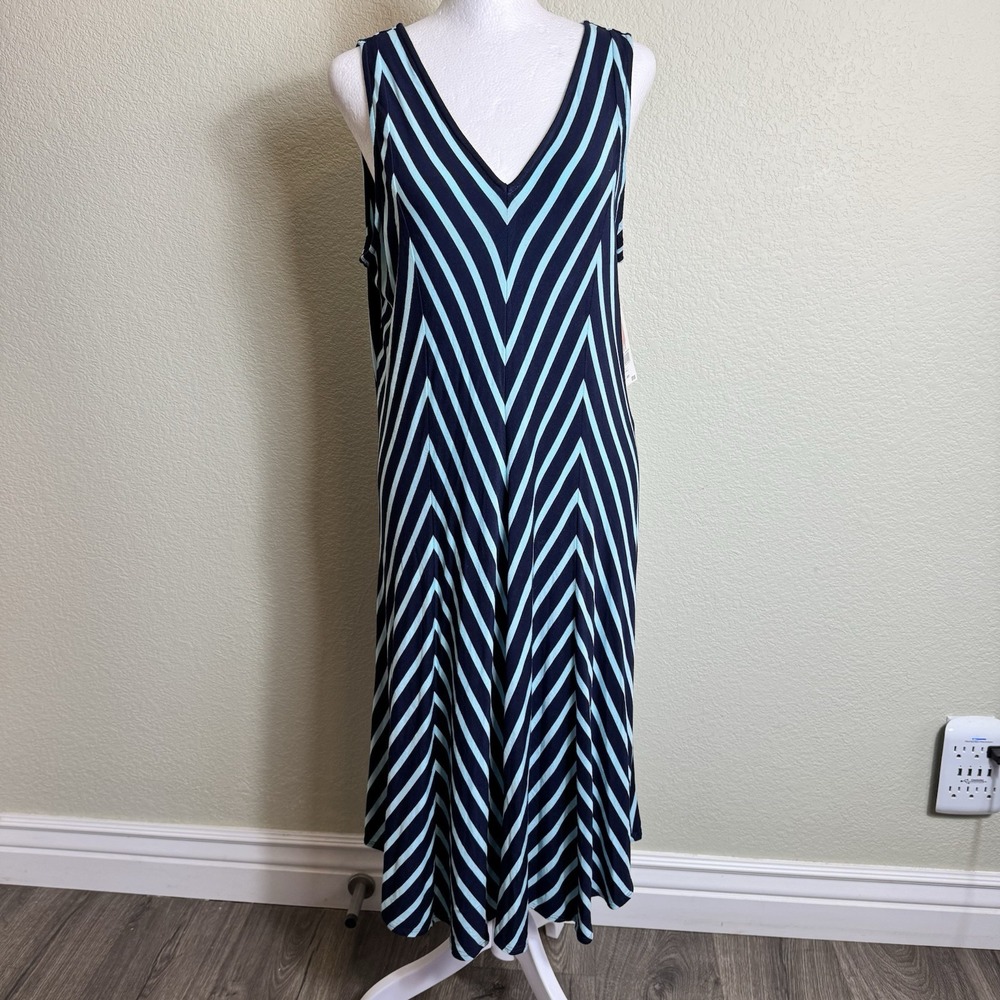 NWT Chelsea & Theodore Navy‎ Cool Blue Chevron Stripe Knit V-Neck Maxi Dress L